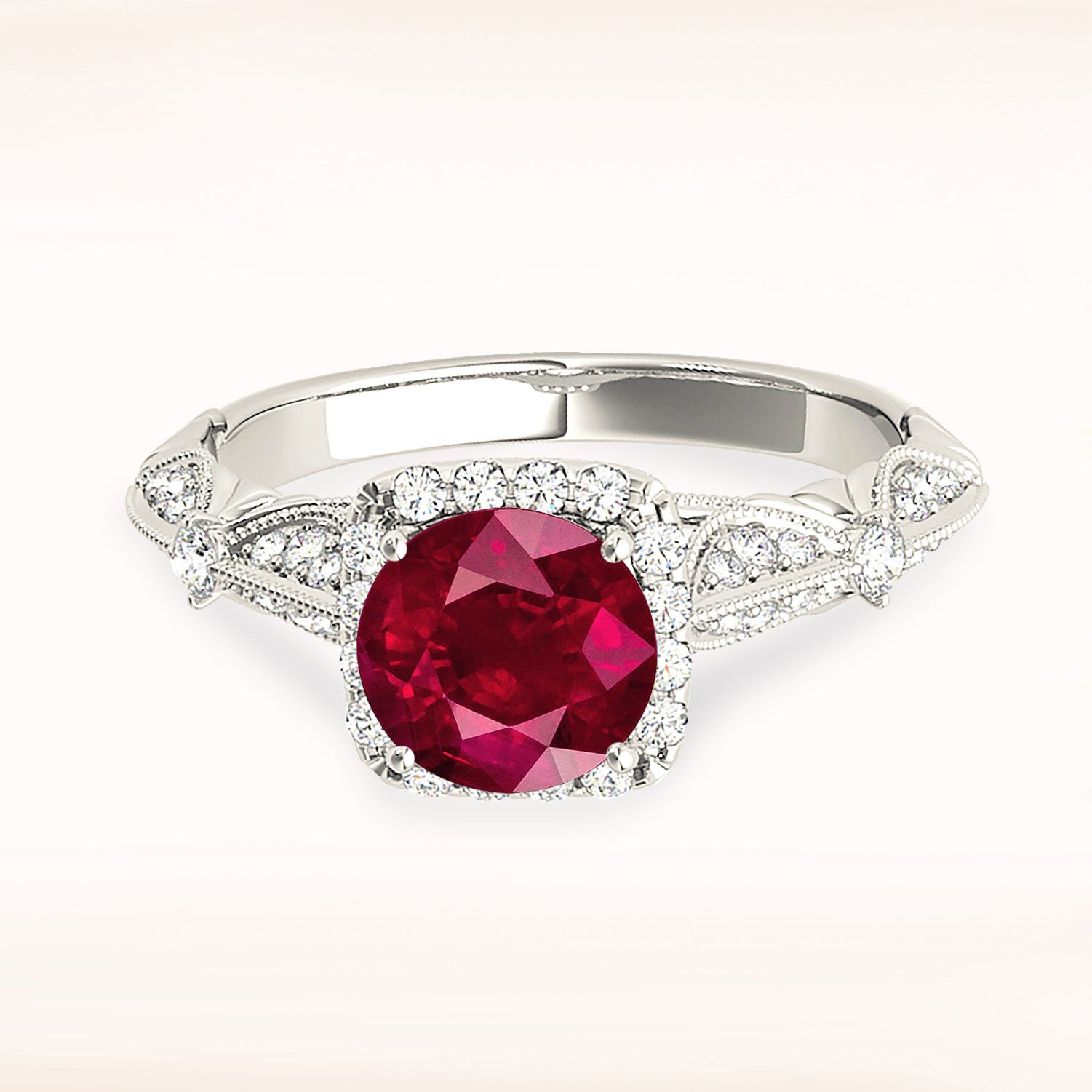 1.35 ct. Genuine Round Ruby With 0.35 ctw. Diamond Square Halo ,Milgrain Floral Diamond Band | Round Ruby Fancy Halo Ring| Natural Ruby Ring-VIRABYANI